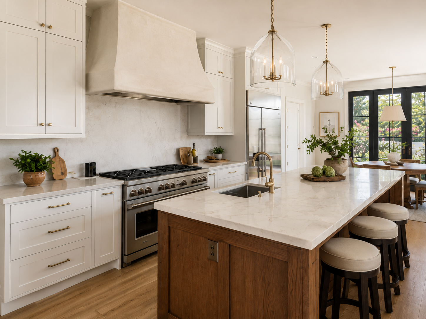 Kitchen island with stone countertop and tile backsplash