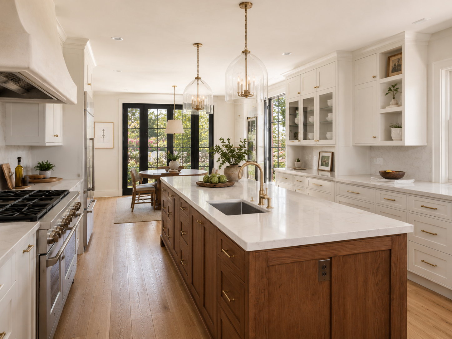 Wide view of a remodeled kitchen showing flooring, lighting and layout