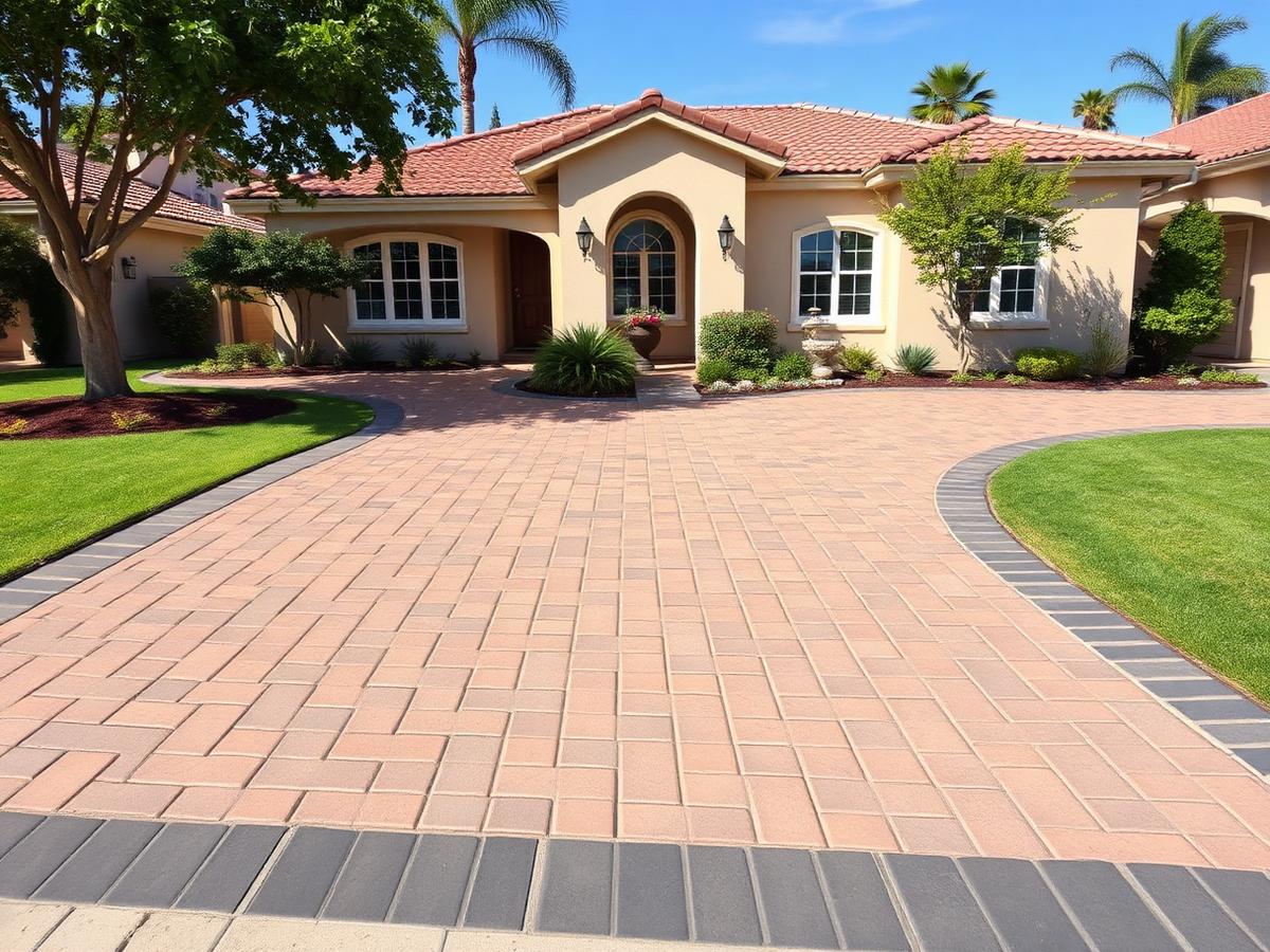 New interlocking paver driveway in herringbone pattern after installation