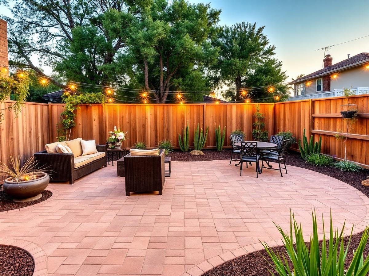Finished backyard with new paver patio, furniture, and string lights