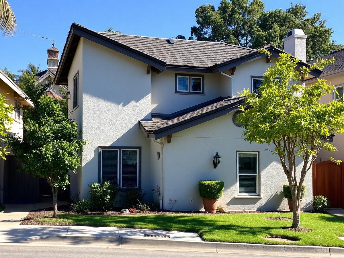 Same two-story home with a clean new roof and gutters after roofing work
