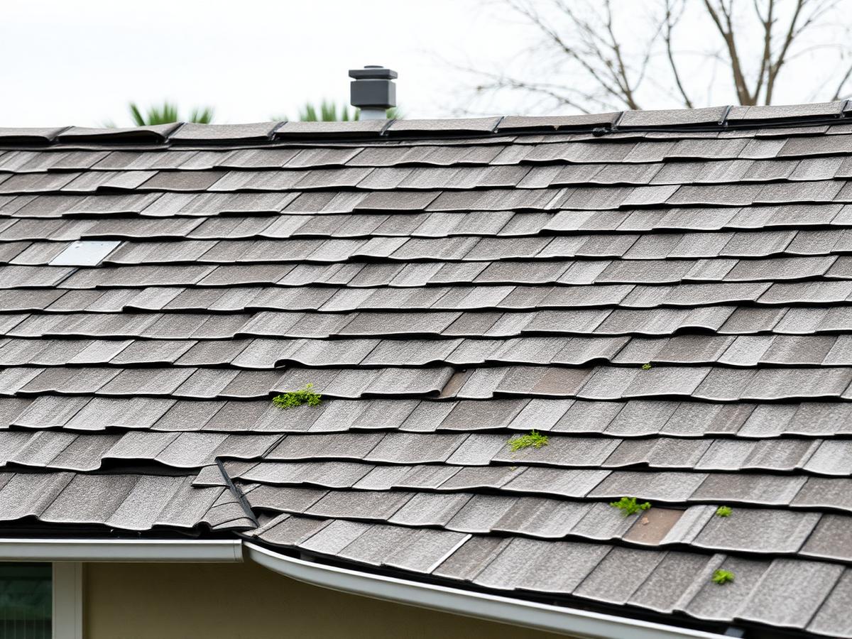Worn, curling shingles on an aging Los Angeles roof before replacement