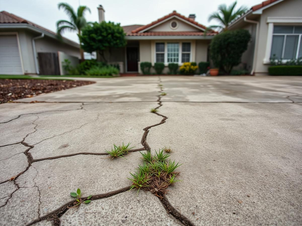 Cracked, stained concrete driveway with weeds before paver installation