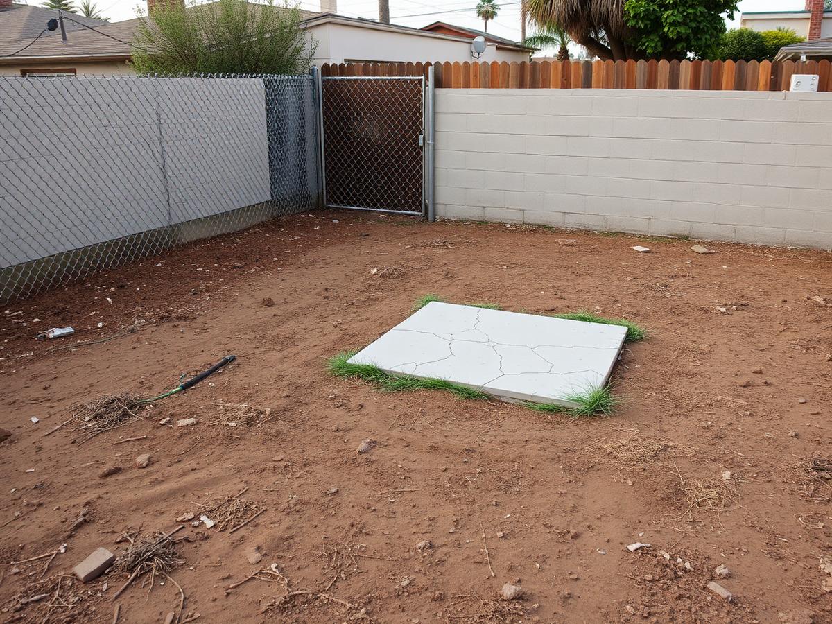 Unfinished dirt backyard with a cracked concrete slab before paver installation