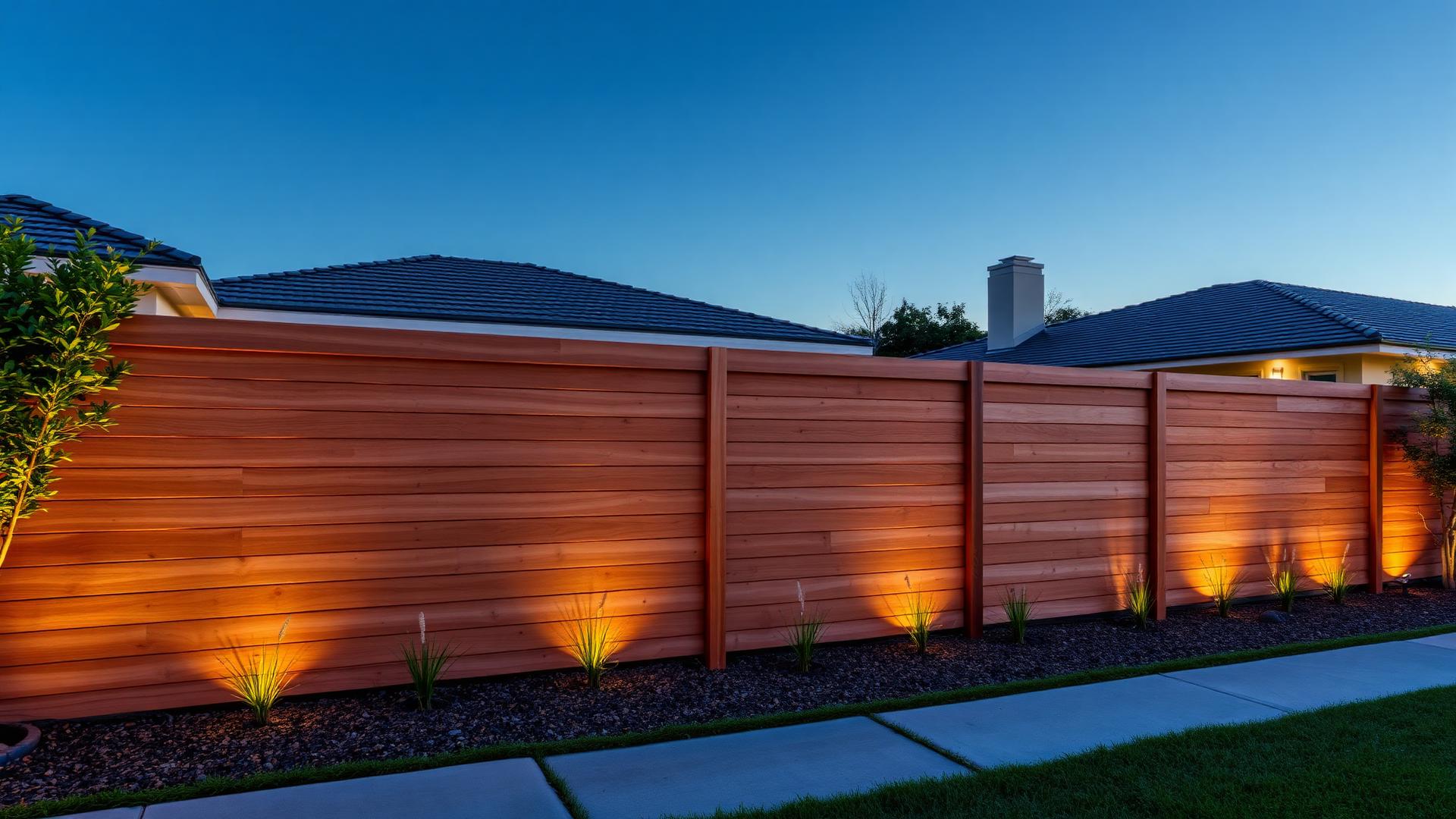Completed horizontal wood fence at dusk