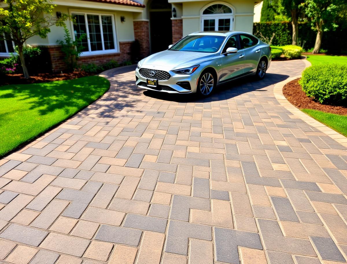 New interlocking paver driveway in herringbone pattern at a Los Angeles home