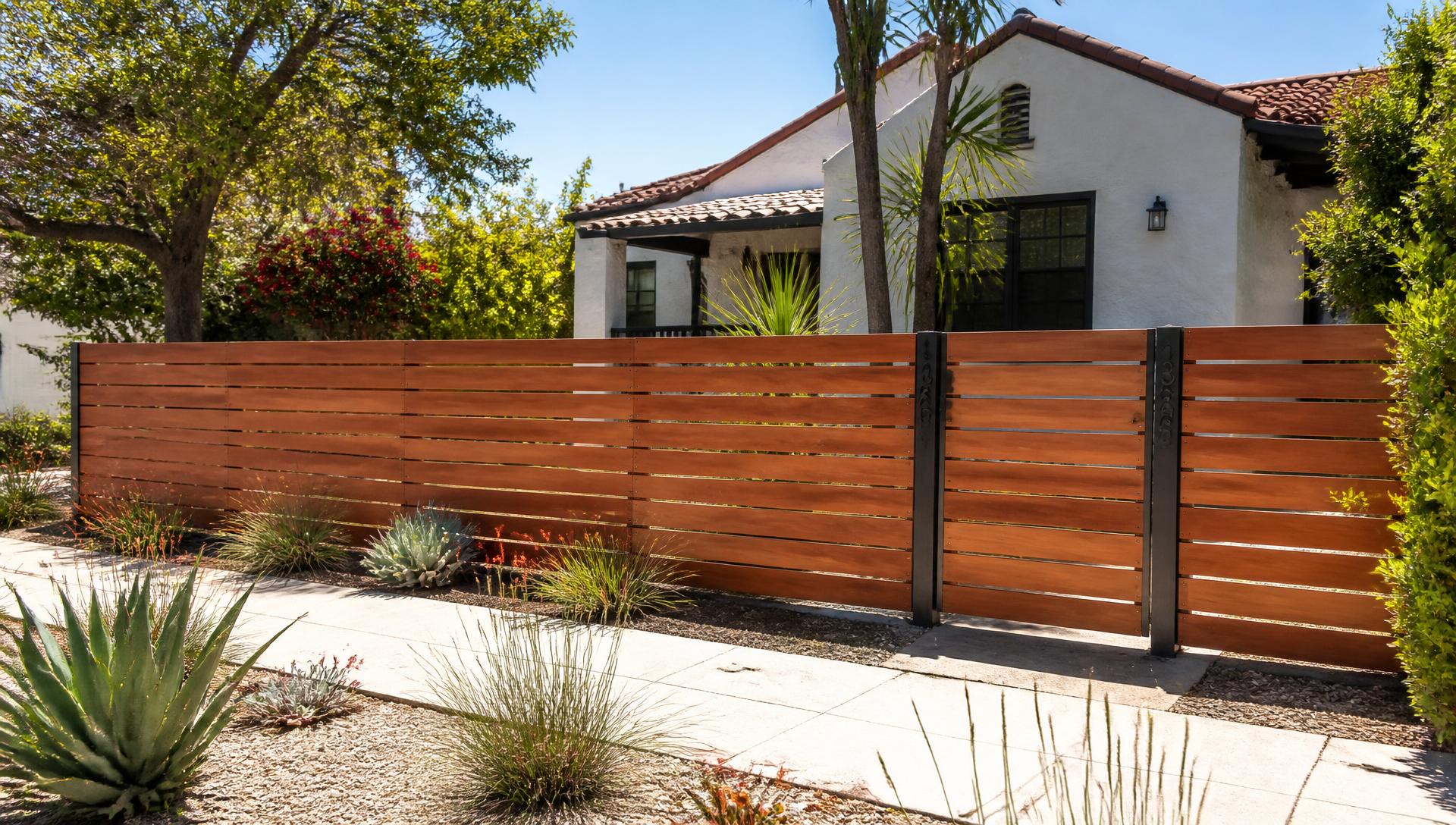 New horizontal wood fence installed at a Los Angeles home