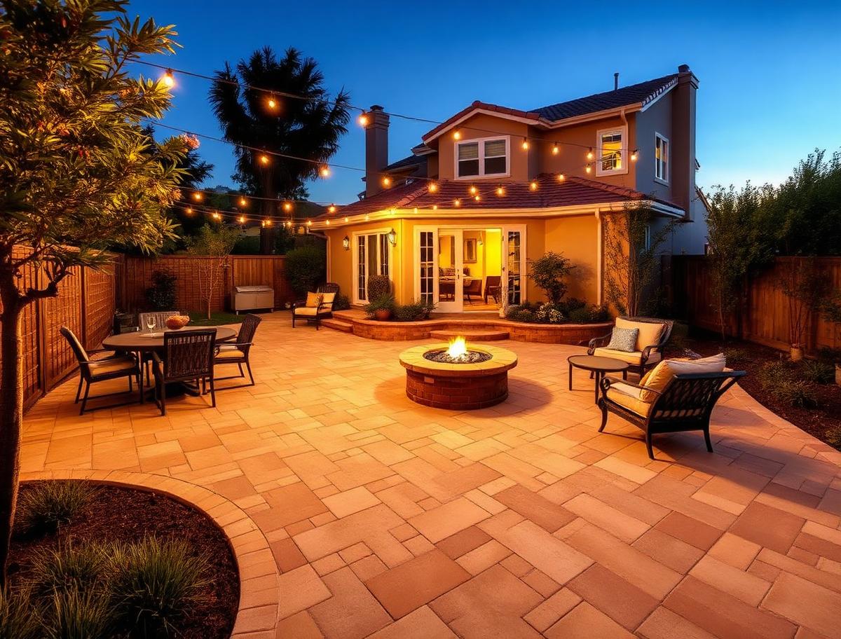 Custom paver patio with fire pit and outdoor dining at a Los Angeles home