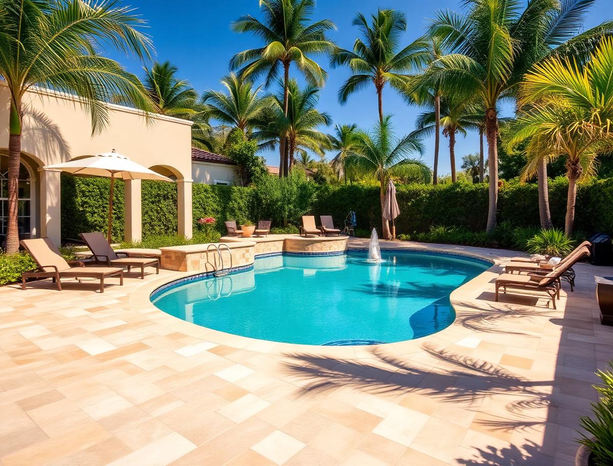 Pool deck upgraded with light travertine-look pavers at a Southern California home