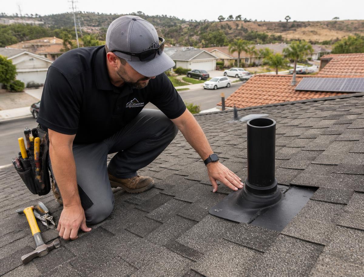 Marc's Construction roofer inspecting flashing and shingles on a residential roof