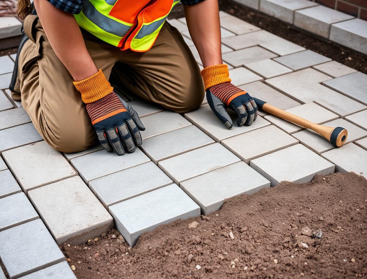 Professional installer placing interlocking pavers on a prepared base