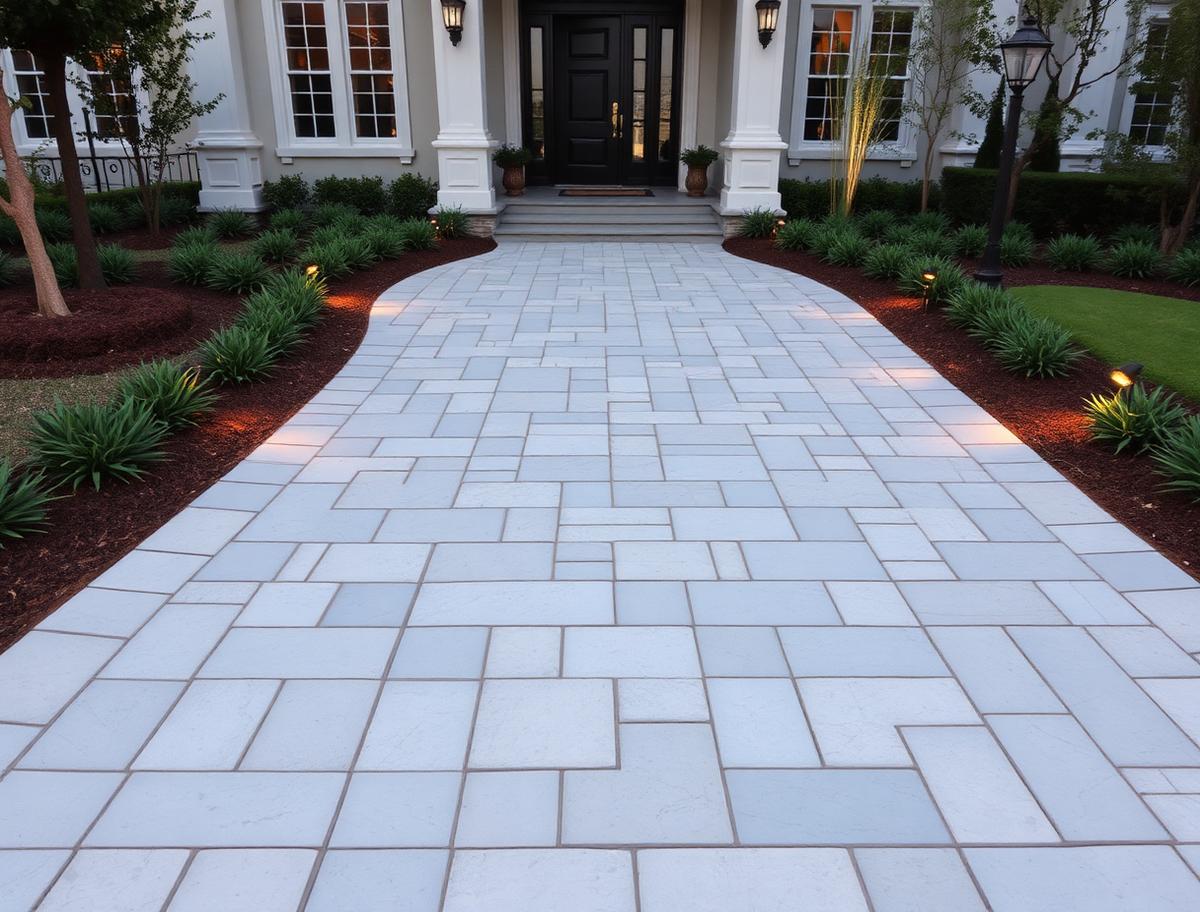 Elegant curved paver walkway leading to the entrance of a Los Angeles home